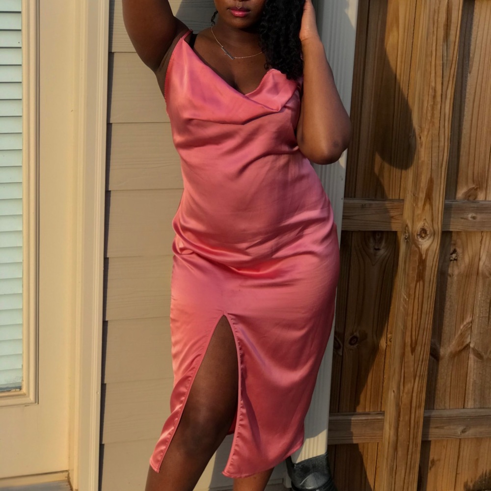 Pink Satin Midi dress with right side slit. Slightly form fitting but classy.